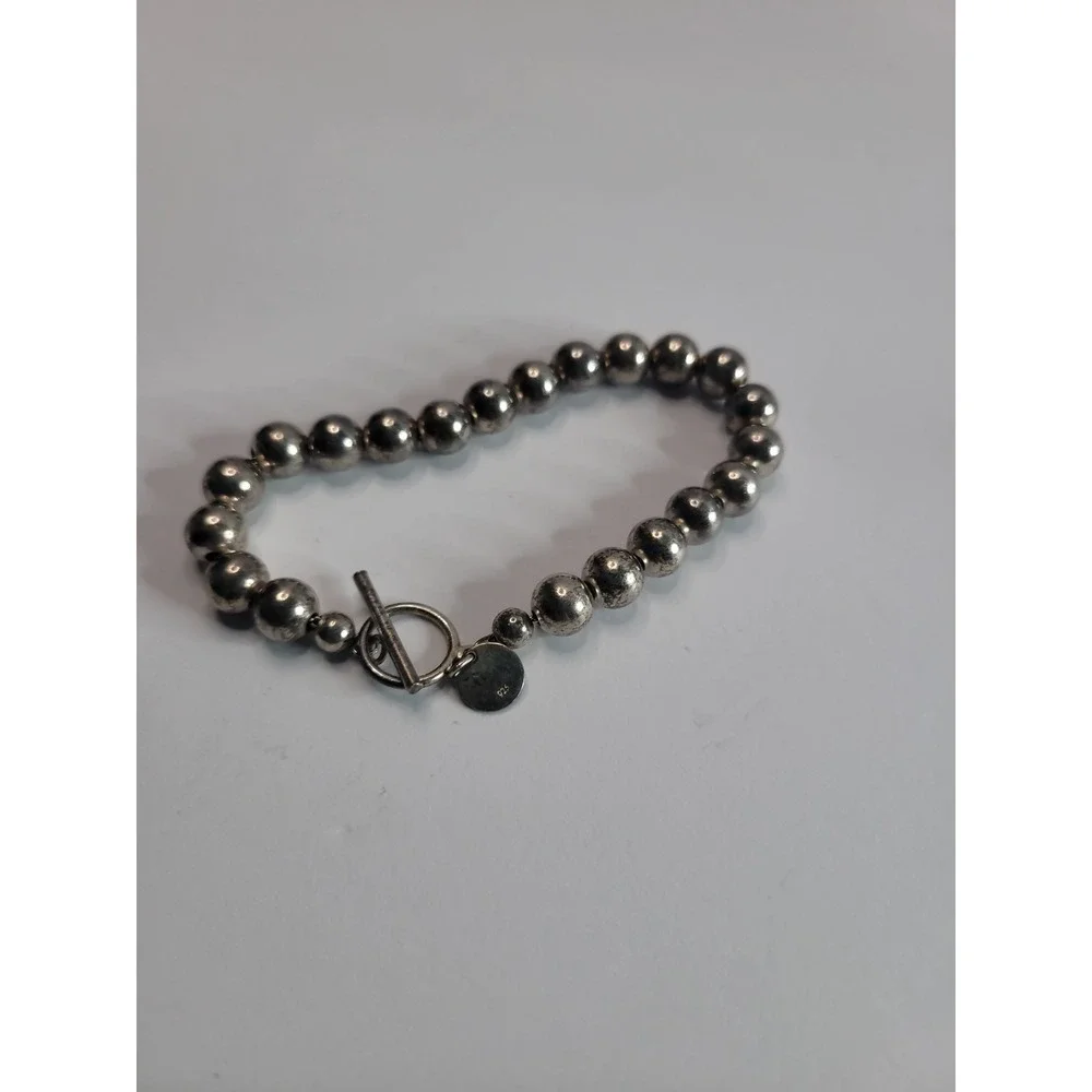 925 Sterling Silver Beaded Bracelet with Toggle Clasp and Round Charm